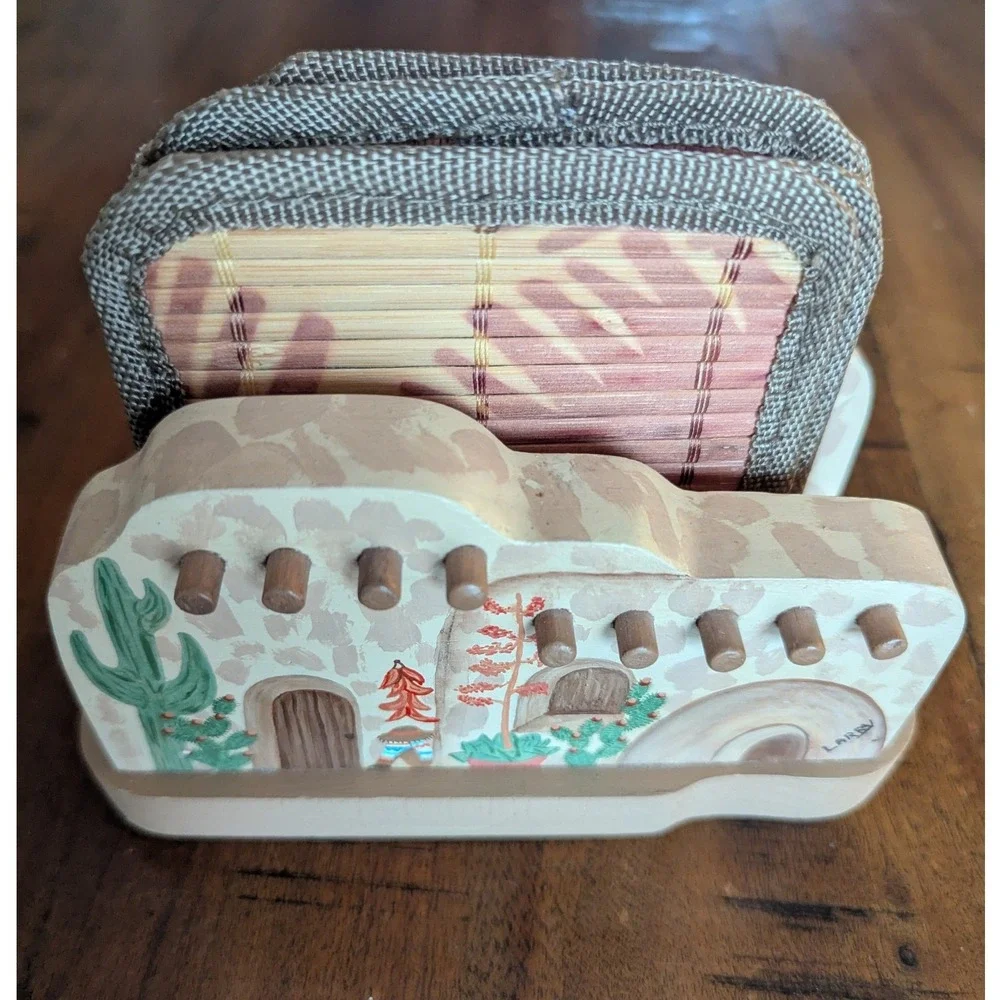 Vtg Wood Craft Originals Coaster Set‎ w/ Handmade Holder Southwestern Folk Art